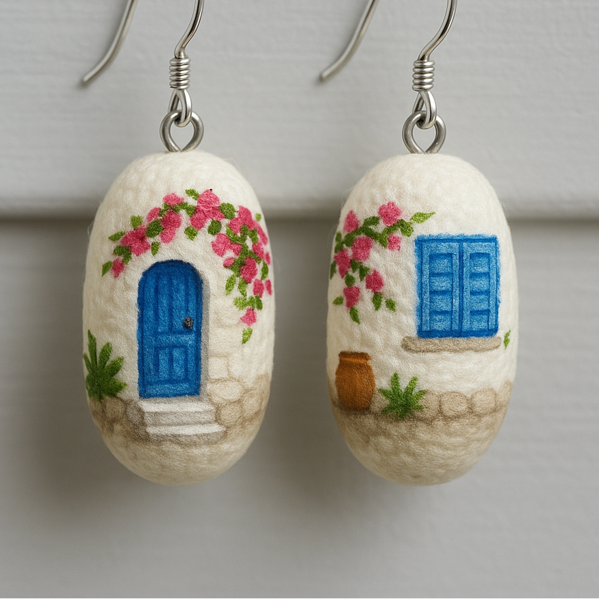 Hand-painted silk cocoon earrings featuring a blue Greek door and window with pink bougainvillea, inspired by traditional Greek island architecture