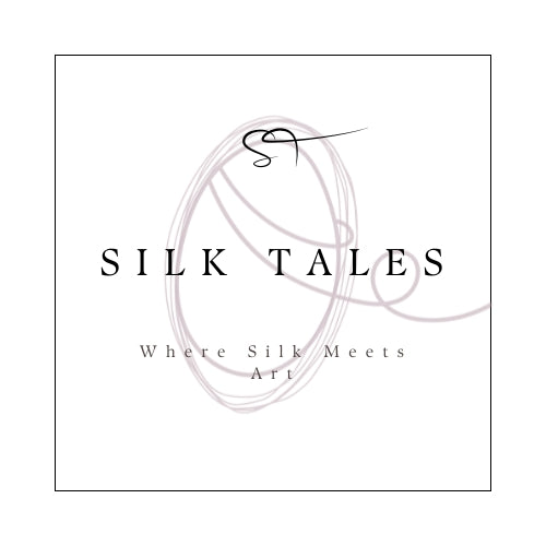 Logo with 'Silk Tales' text and abstract lines on a white background