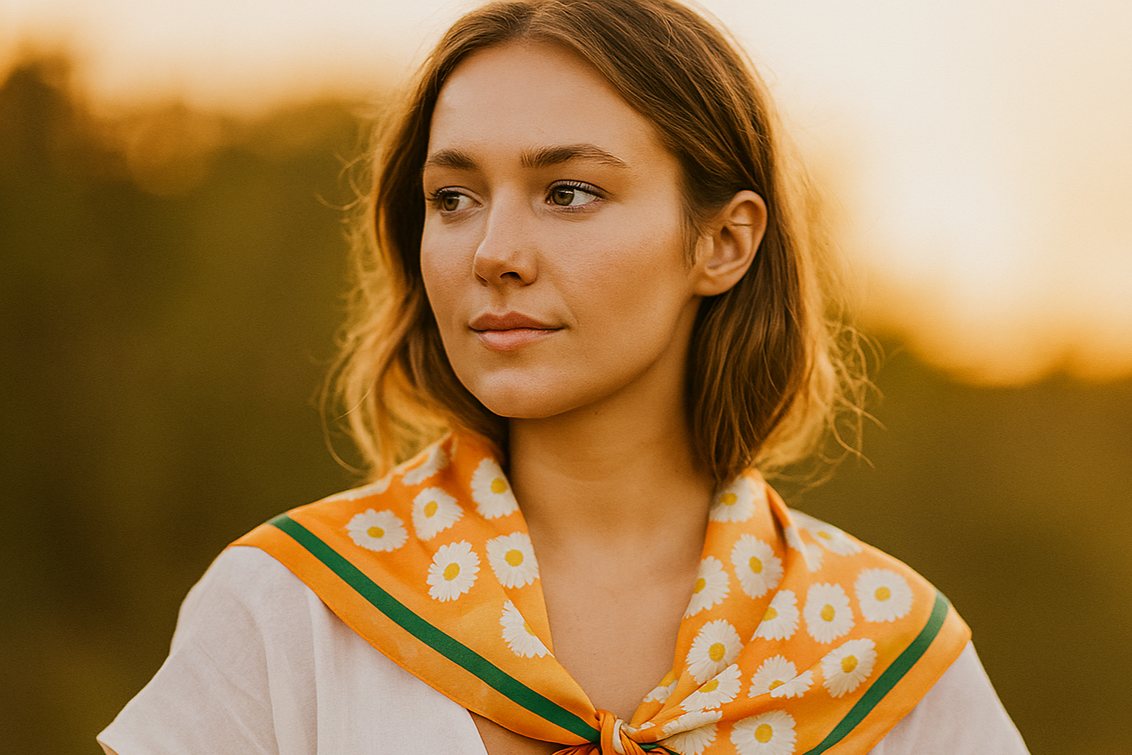 Woman wearing an orange scarf with a floral pattern against a blurred natural background