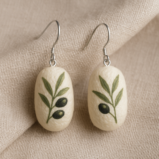 Hand-Painted Olive Branch Silk Cocoon Earrings